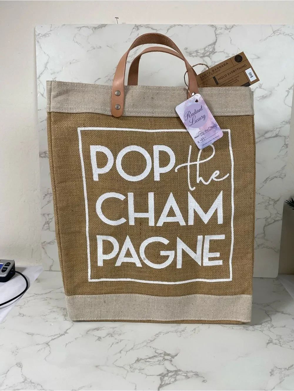 Pop The Champagne Burlap Tote Bag with Leather Handles